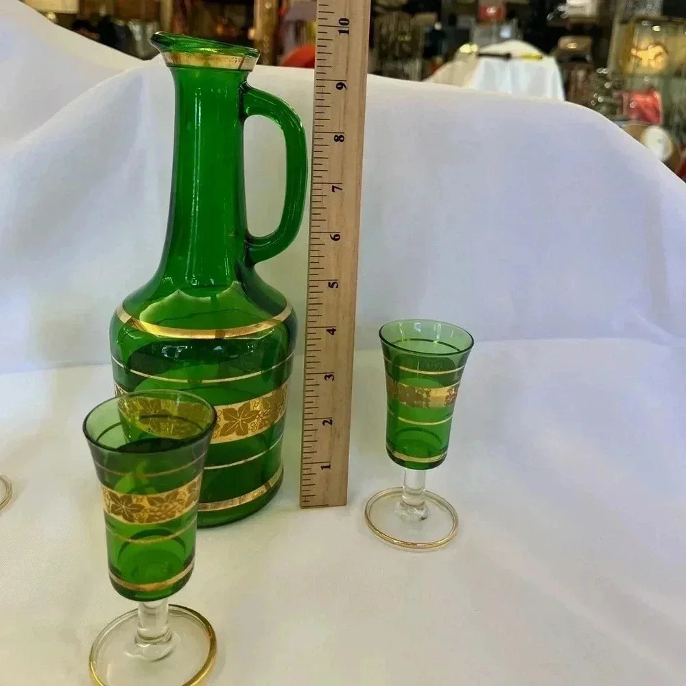 Vintage Green Glass Decanter and 3 Cups - Picture 5 of 6
